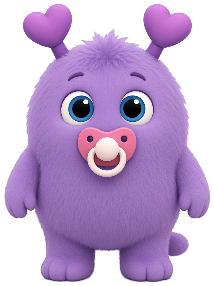 Púrpura, peluche morado con antenas de corazón, chupón rosa y colita